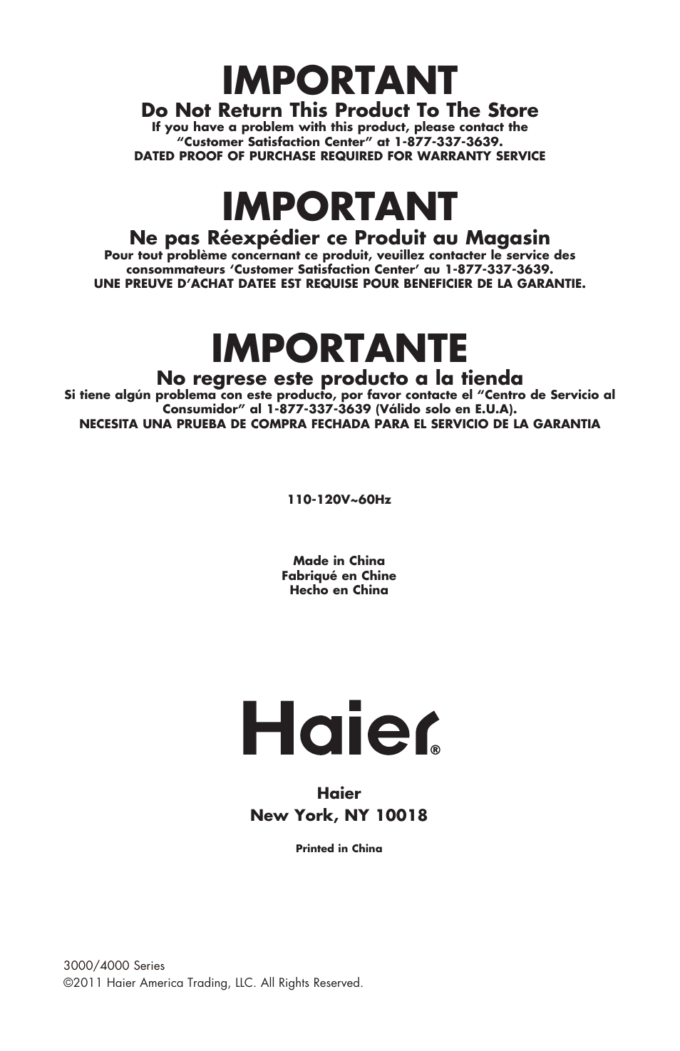Important, Importante, Do not return this product to the store | Ne pas réexpédier ce produit au magasin, No regrese este producto a la tienda | haier 3000 User Manual | Page 56 / 56