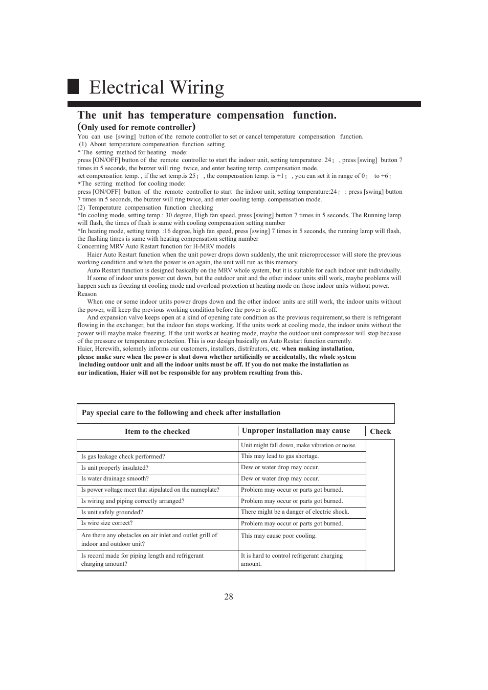 Electrical wiring, The unit has temperature compensation function | haier AB124FAAHA User Manual | Page 30 / 31