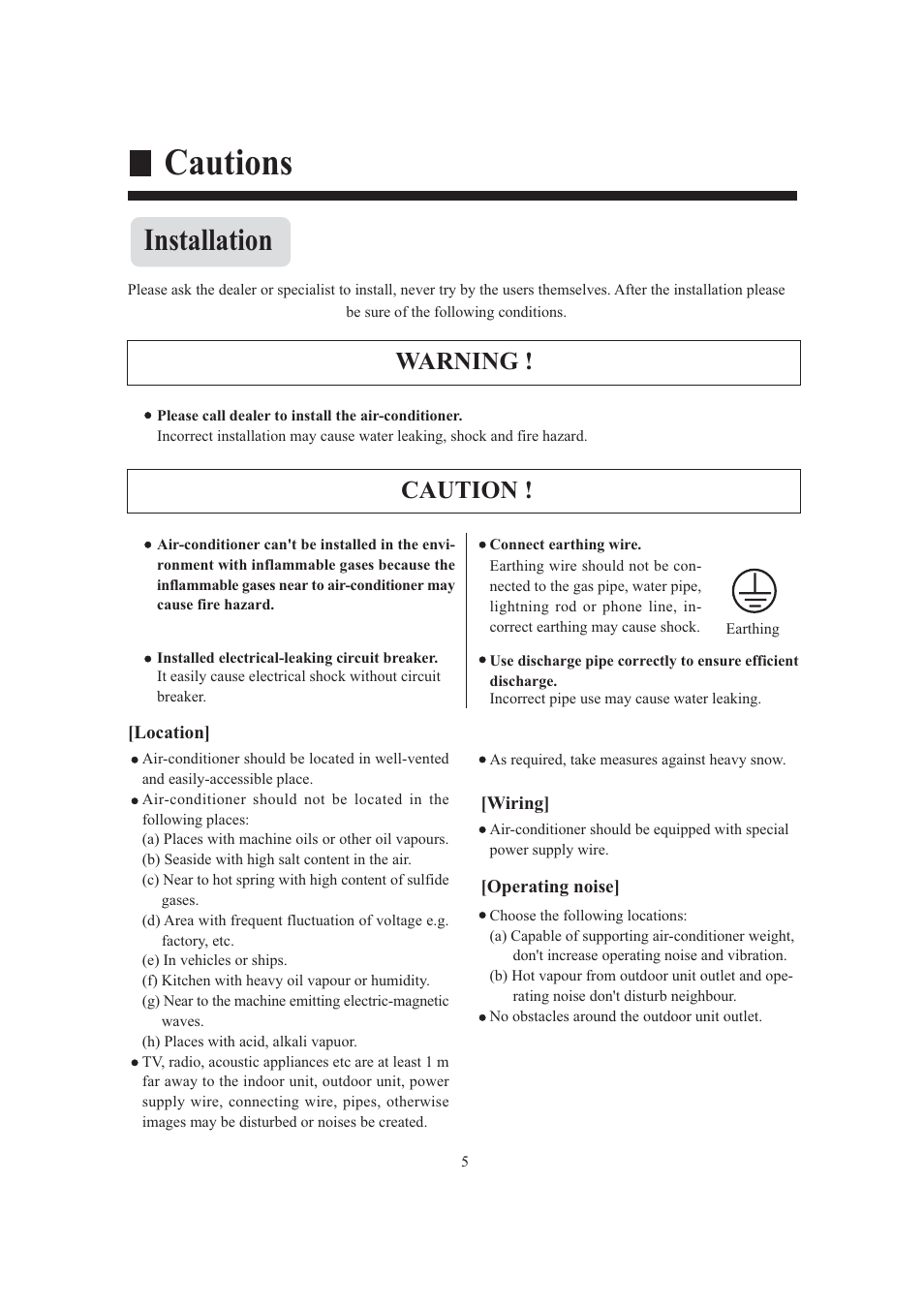 Cautions, Installation, Warning ! caution | haier AB124FAAHA User Manual | Page 7 / 31