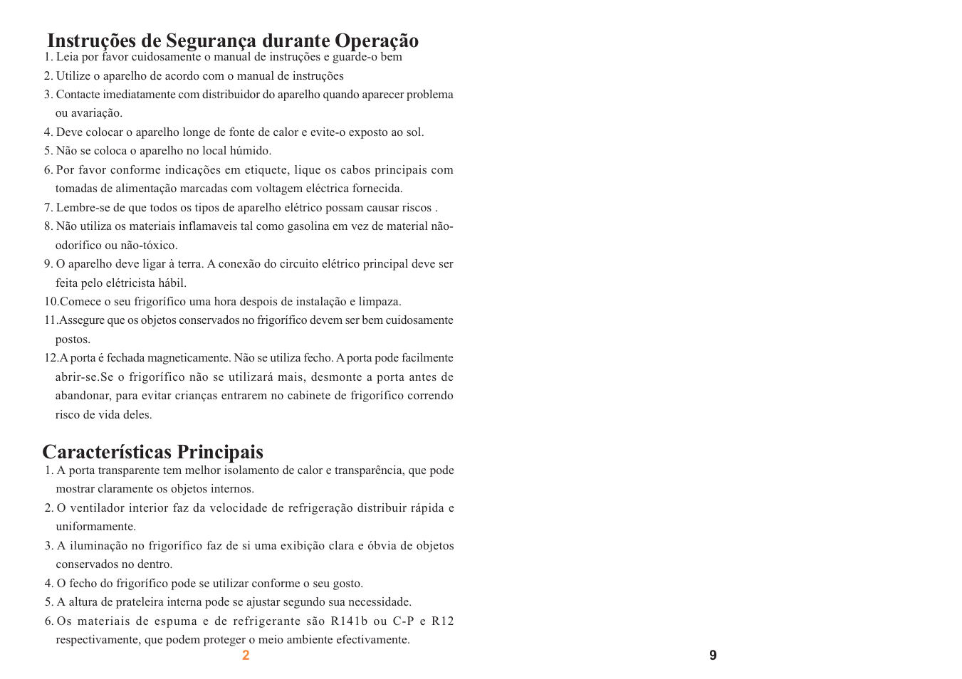 Instruções de segurança durante operação, Características principais, Transporation | Setting | haier SC-278GA User Manual | Page 11 / 40