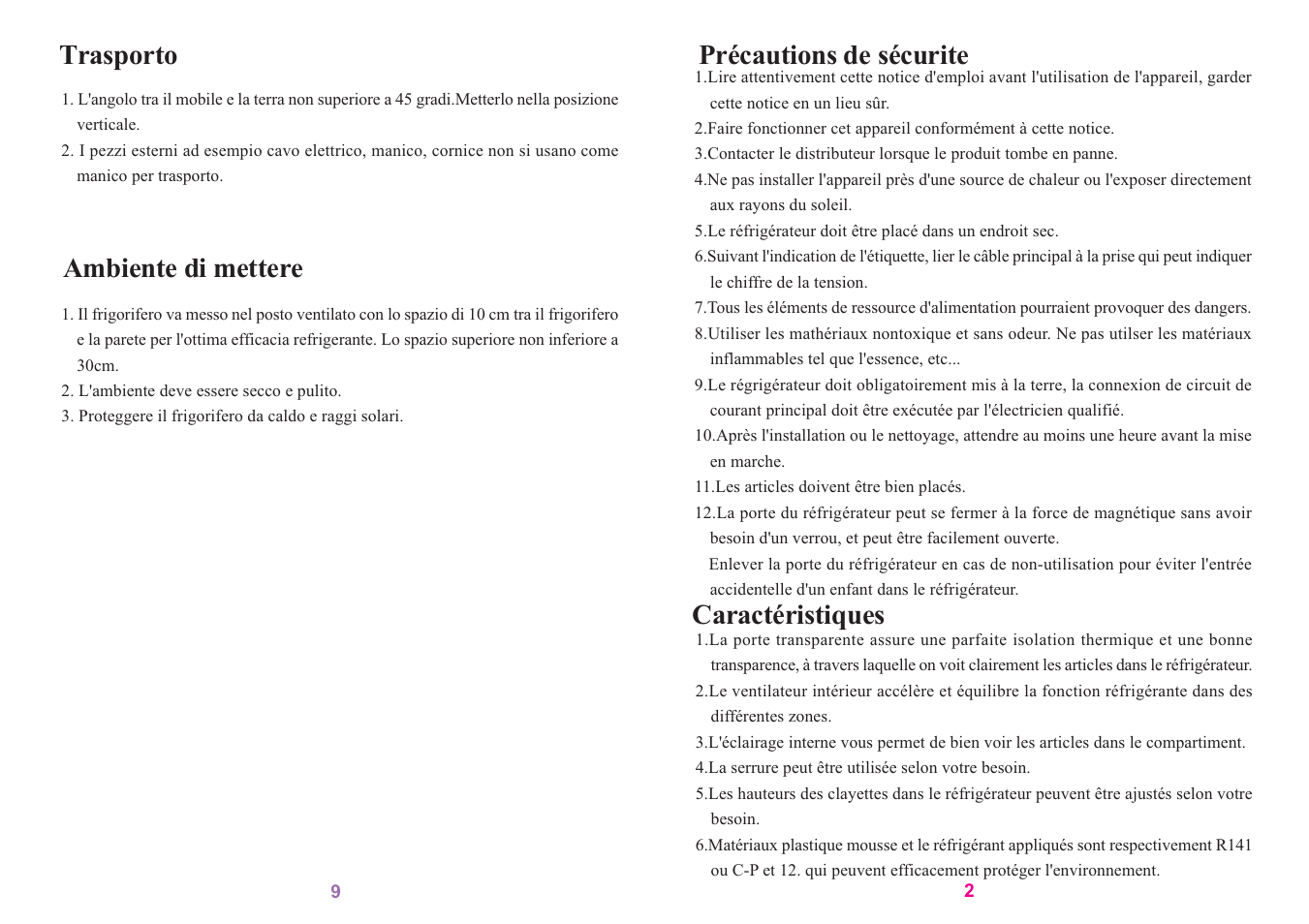Précautions de sécurite, Caractéristiques, Trasporto | Ambiente di mettere | haier SC-278GA User Manual | Page 15 / 40
