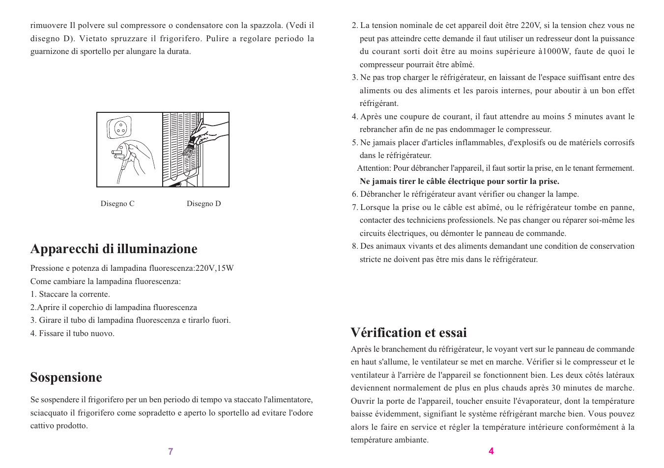 Vérification et essai, Apparecchi di illuminazione, Sospensione | haier SC-278GA User Manual | Page 17 / 40