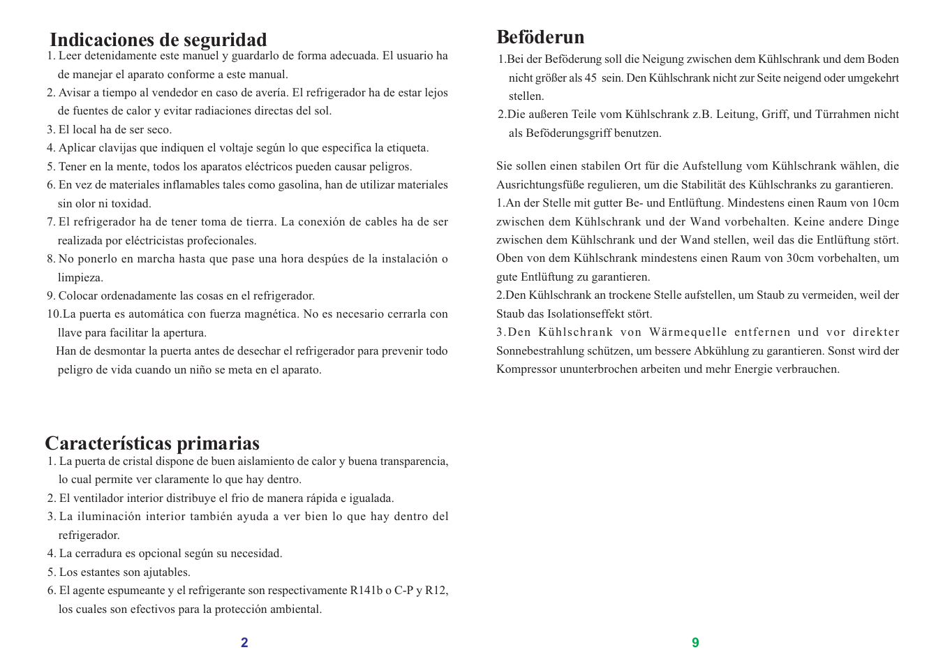 Indicaciones de seguridad, Características primarias, Beföderun | haier SC-278GA User Manual | Page 26 / 40