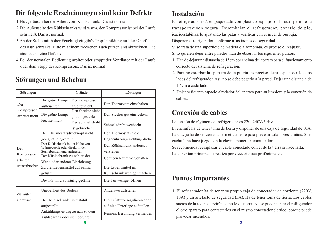 Instalación, Conexión de cables, Puntos importantes | Die folgende erscheinungen sind keine defekte, Störungen und behebun | haier SC-278GA User Manual | Page 27 / 40