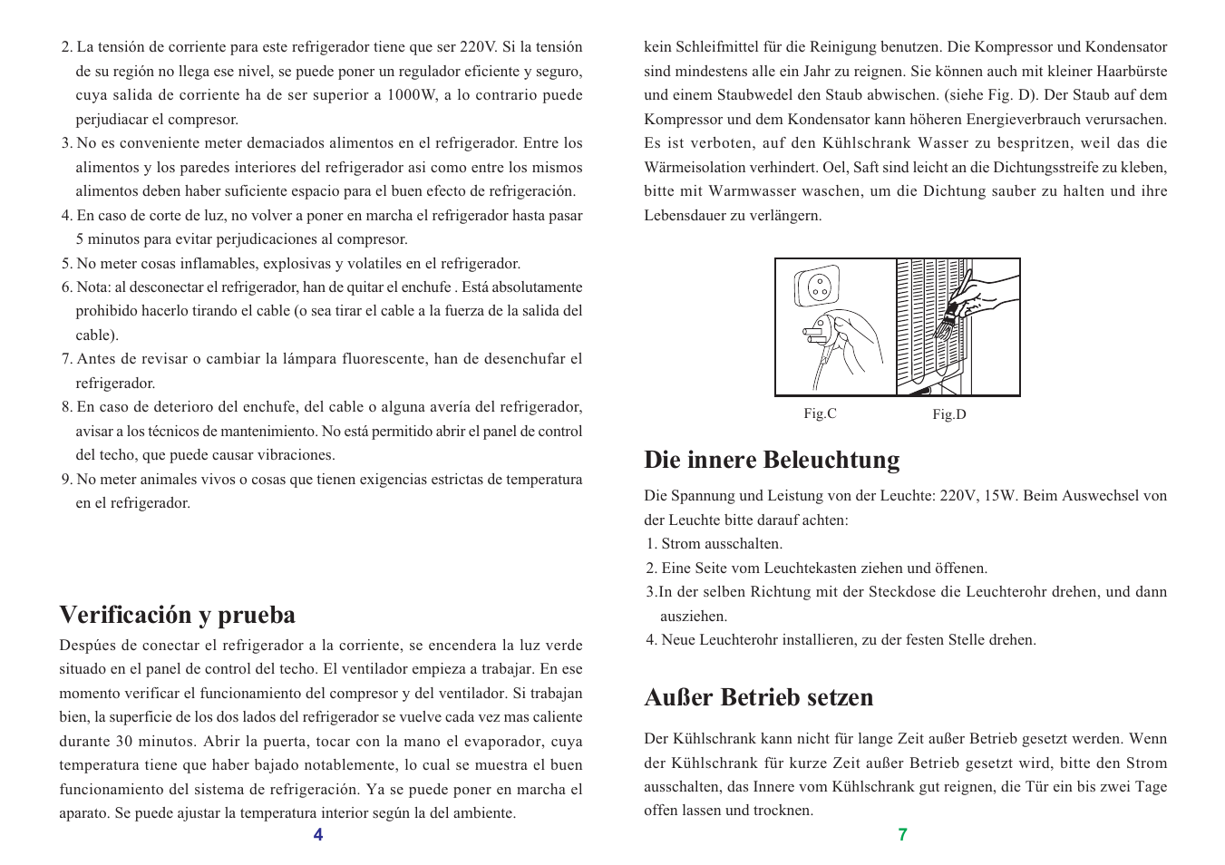 Verificación y prueba, Die innere beleuchtung, Außer betrieb setzen | haier SC-278GA User Manual | Page 28 / 40