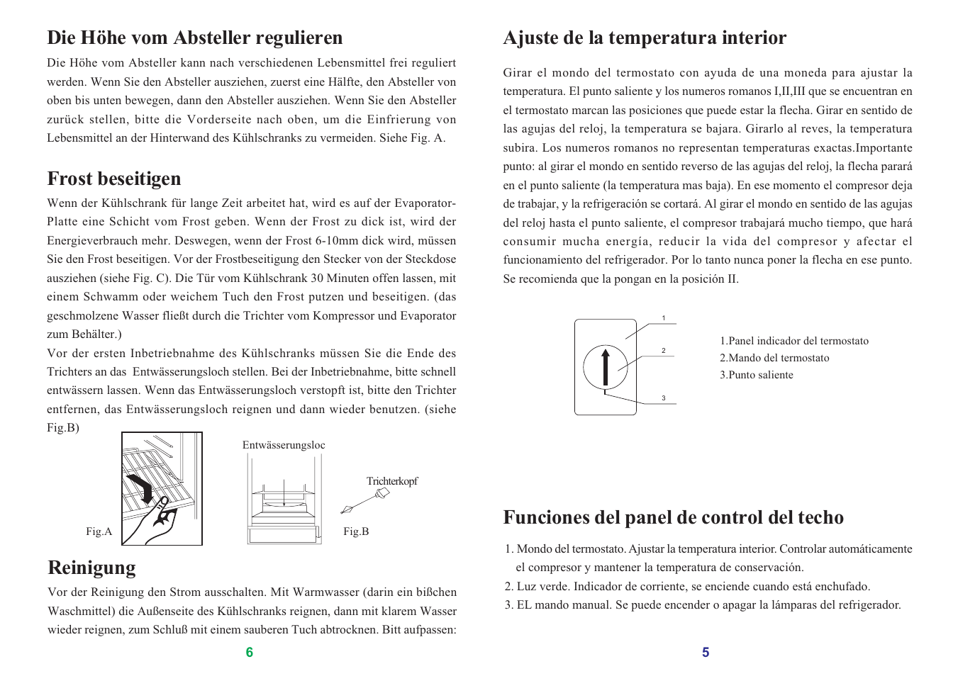 Funciones del panel de control del techo, Ajuste de la temperatura interior, Die höhe vom absteller regulieren | Frost beseitigen, Reinigung | haier SC-278GA User Manual | Page 29 / 40