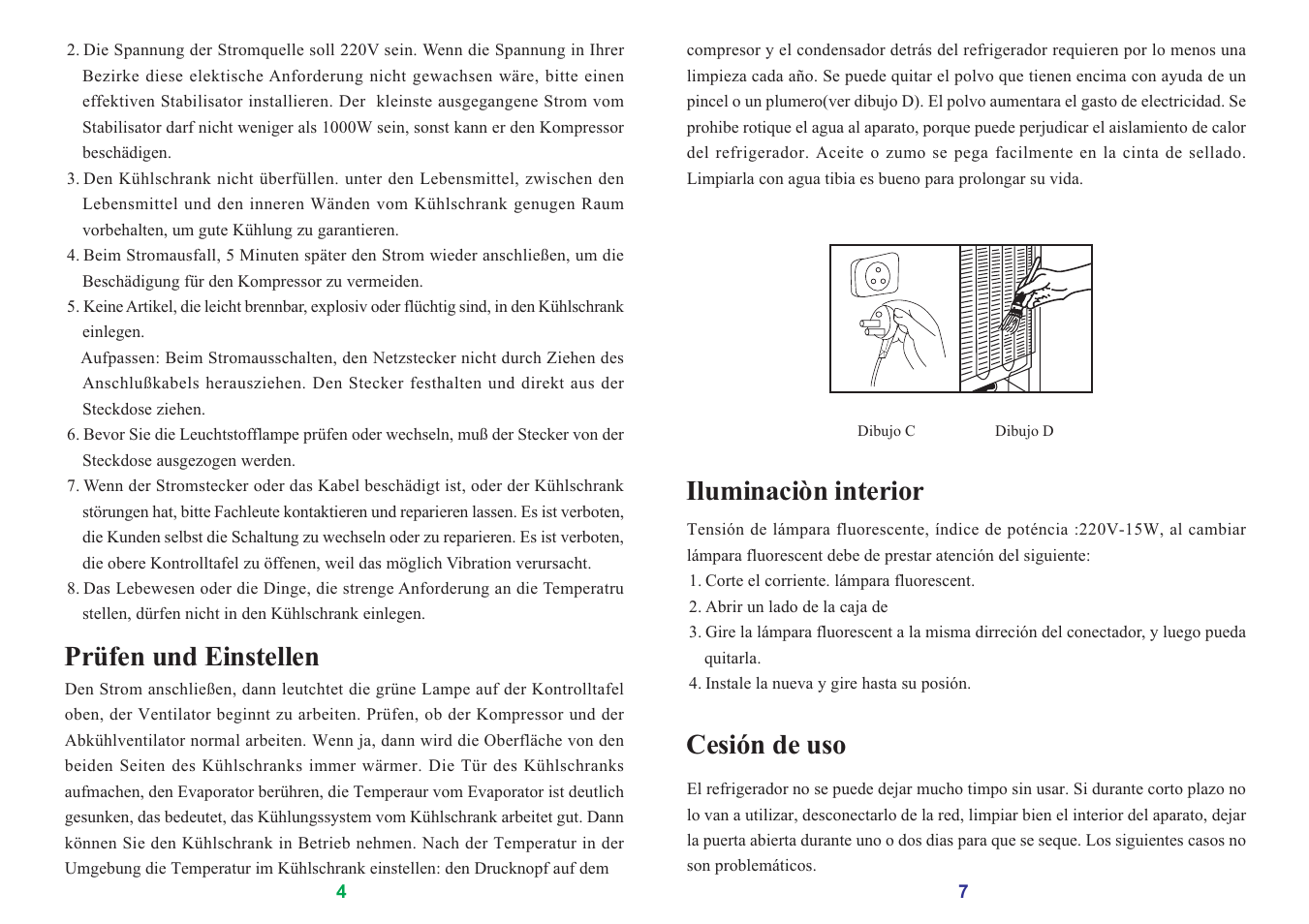 Iluminaciòn interior, Cesión de uso, Prüfen und einstellen | haier SC-278GA User Manual | Page 31 / 40