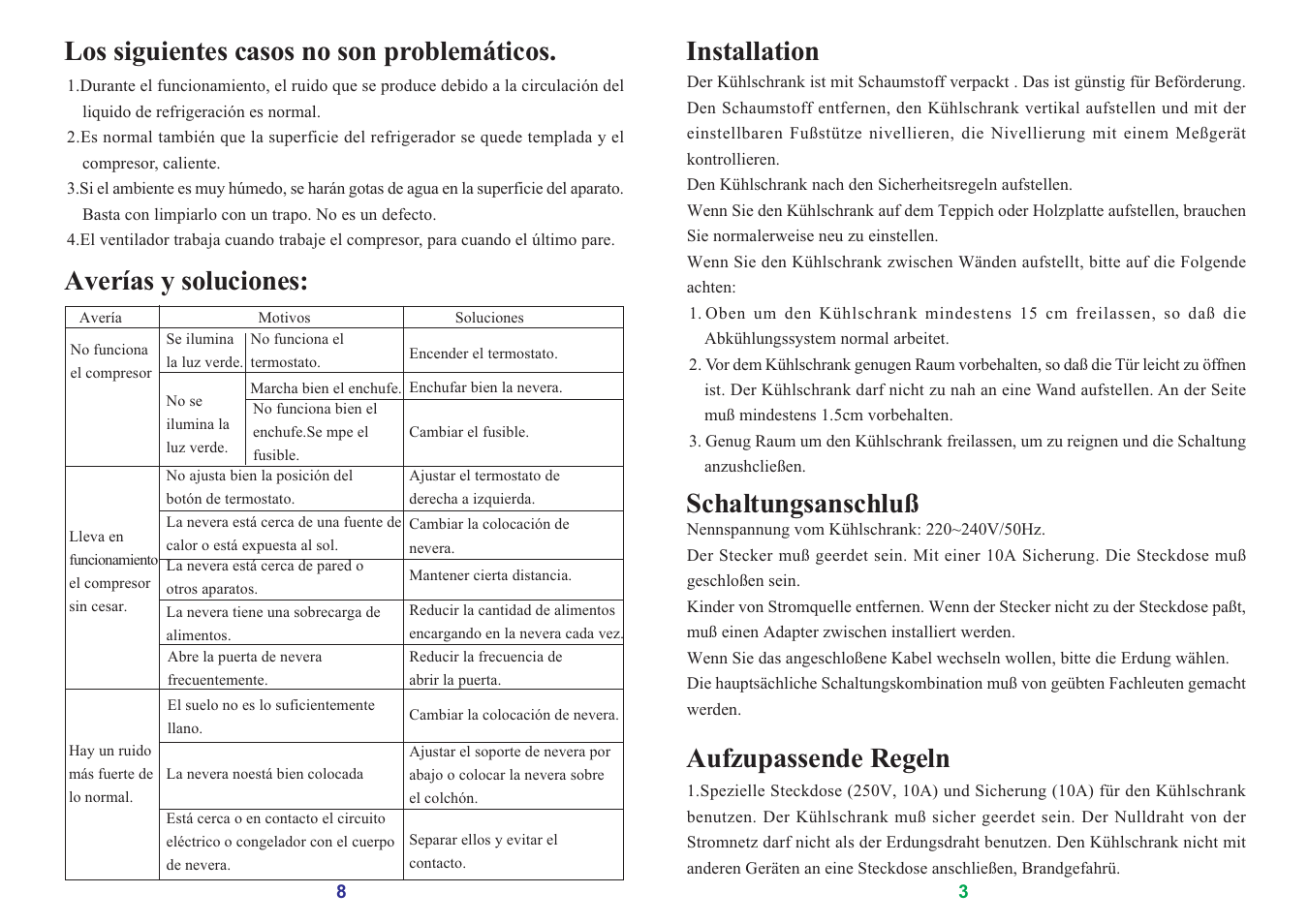 Los siguientes casos no son problemáticos, Averías y soluciones, Installation | Schaltungsanschluß, Aufzupassende regeln | haier SC-278GA User Manual | Page 32 / 40