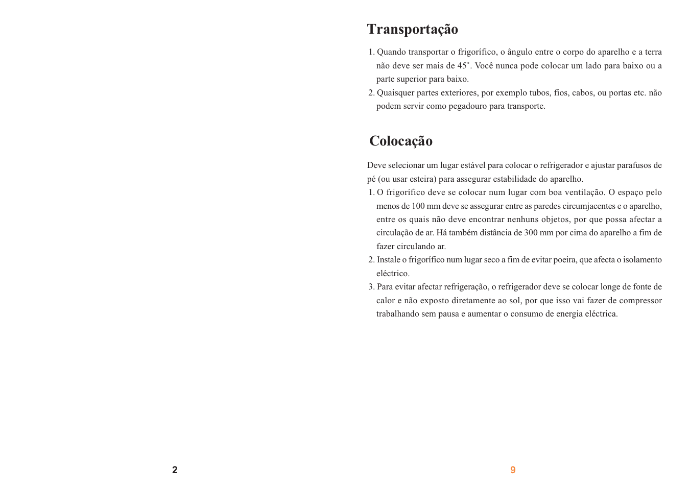 Transportação, Colocação, Important safety instruction | Main features | haier SC-278GA User Manual | Page 4 / 40