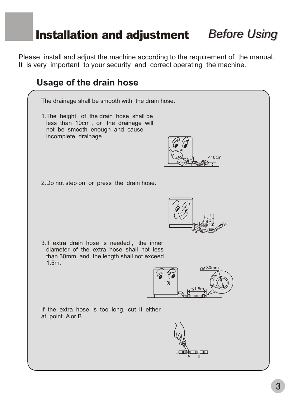 Before using, Before using installation and adjustment, Usage of the drain hose | haier XPB80-35 User Manual | Page 5 / 12
