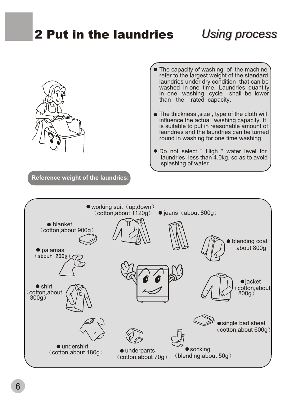 Using process, Using process 2 put in the laundries | haier XPB80-35 User Manual | Page 8 / 12