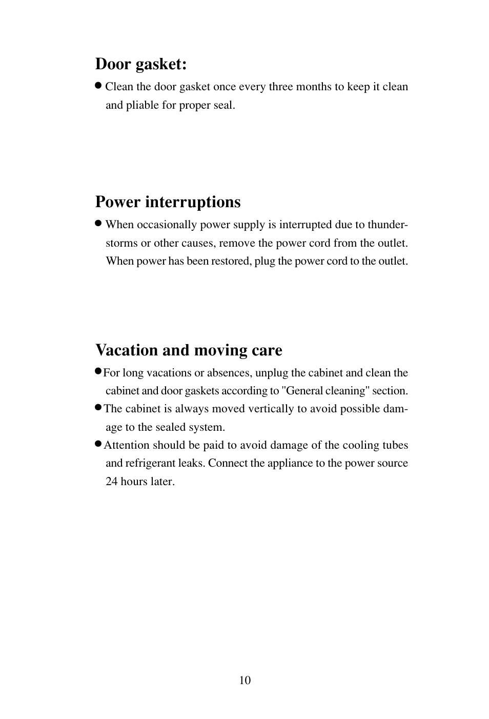 Power interruptions, Vacation and moving care, Door gasket | haier BC-80H/110H User Manual | Page 11 / 15