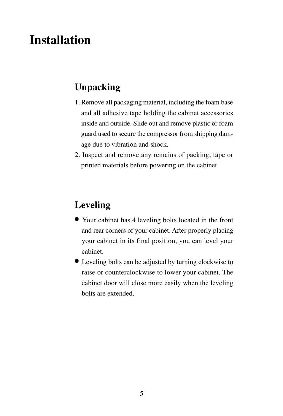 Installation, Unpacking leveling | haier BC-80H/110H User Manual | Page 6 / 15