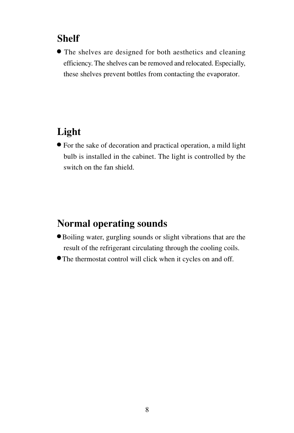 Light, Normal operating sounds, Shelf | haier BC-80H/110H User Manual | Page 9 / 15