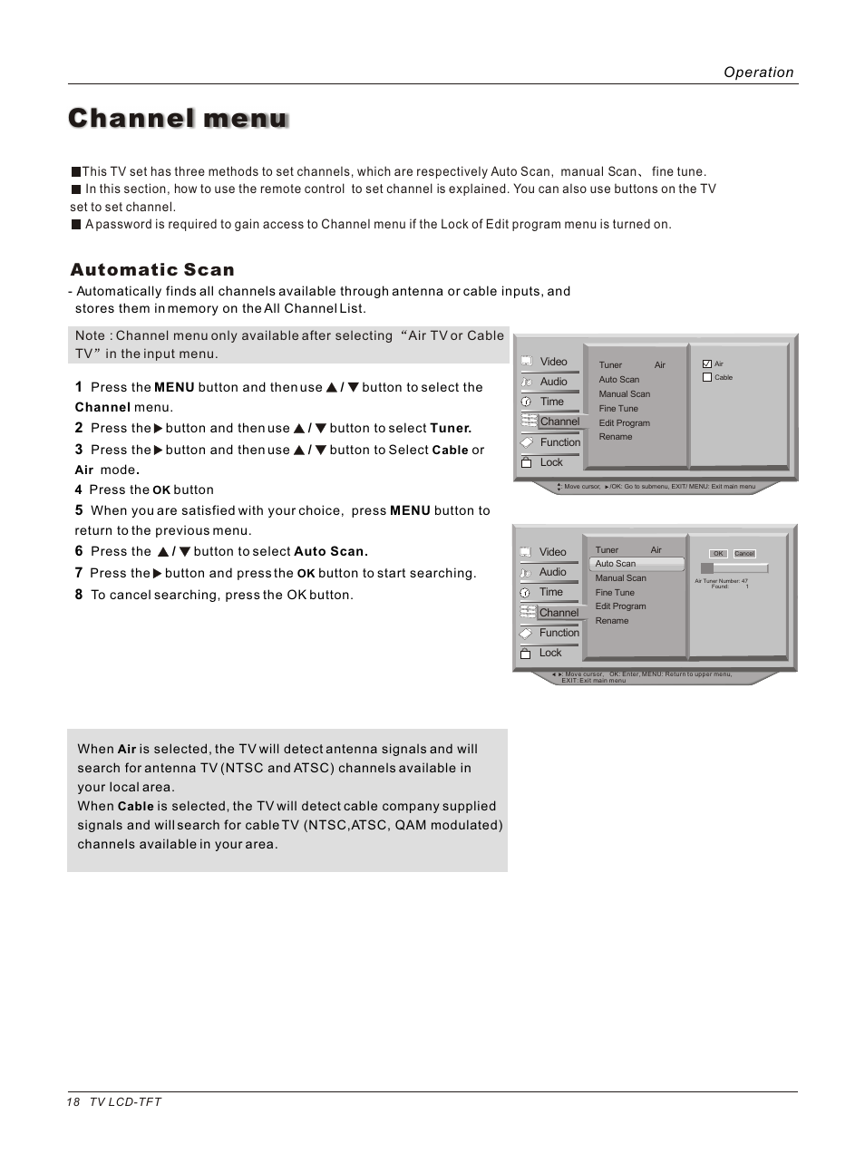 Т³гж 18, Channel menu, Automatic scan | Operation | haier HL37B User Manual | Page 18 / 45