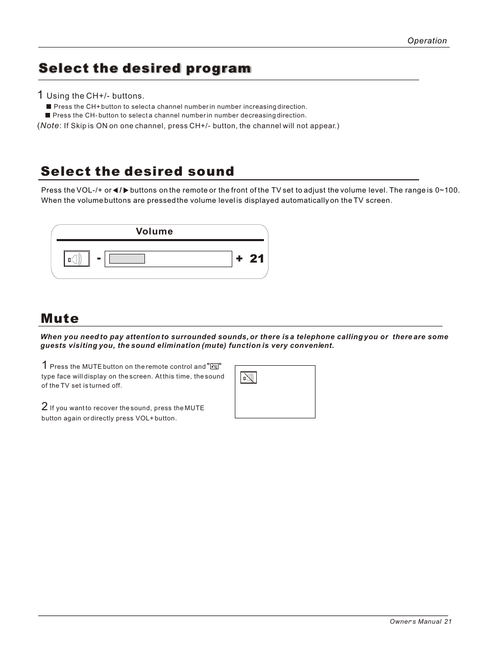 Т³гж 21, Select the desired program, Select the desired sound | Mute | haier HL37B User Manual | Page 21 / 45