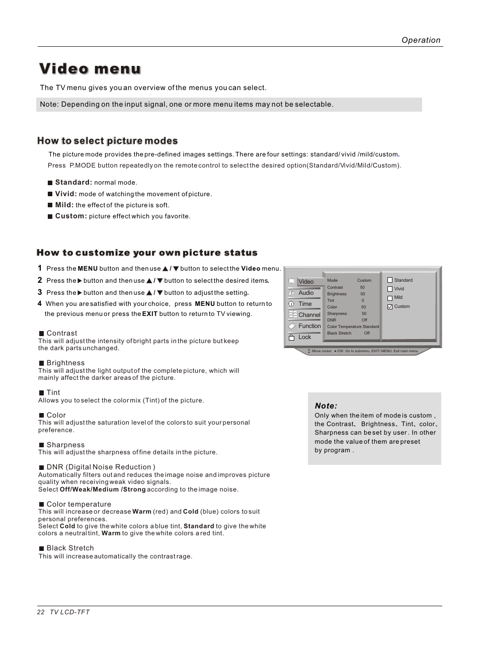 Т³гж 22, Video menu, How to select picture modes | How to customize your own picture status, Operation | haier HL37B User Manual | Page 22 / 45