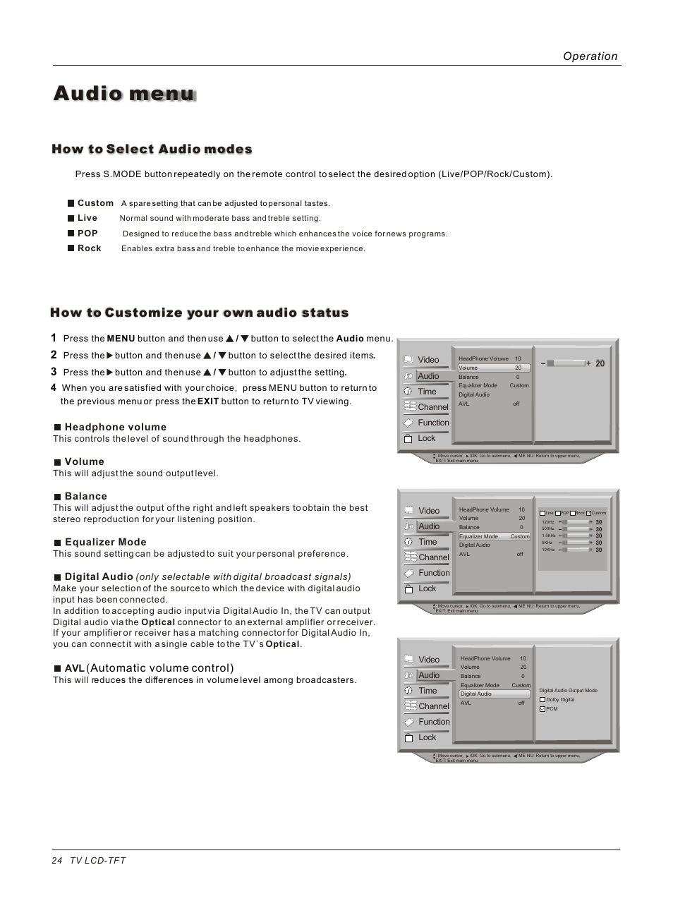 Т³гж 24, Audio menu, How to customize your own audio status | How to select audio modes, Automatic volume control), Operation, Headphone volume, Volume, Balance, Equalizer mode | haier HL37B User Manual | Page 24 / 45