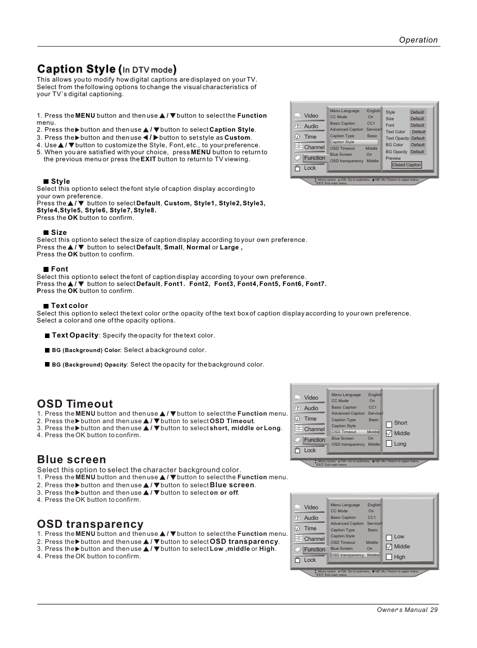 Т³гж 29, Caption style, Osd timeout | Blue screen, Osd transparency, Operation, Style, Size, Font, Text color | haier HL37B User Manual | Page 29 / 45