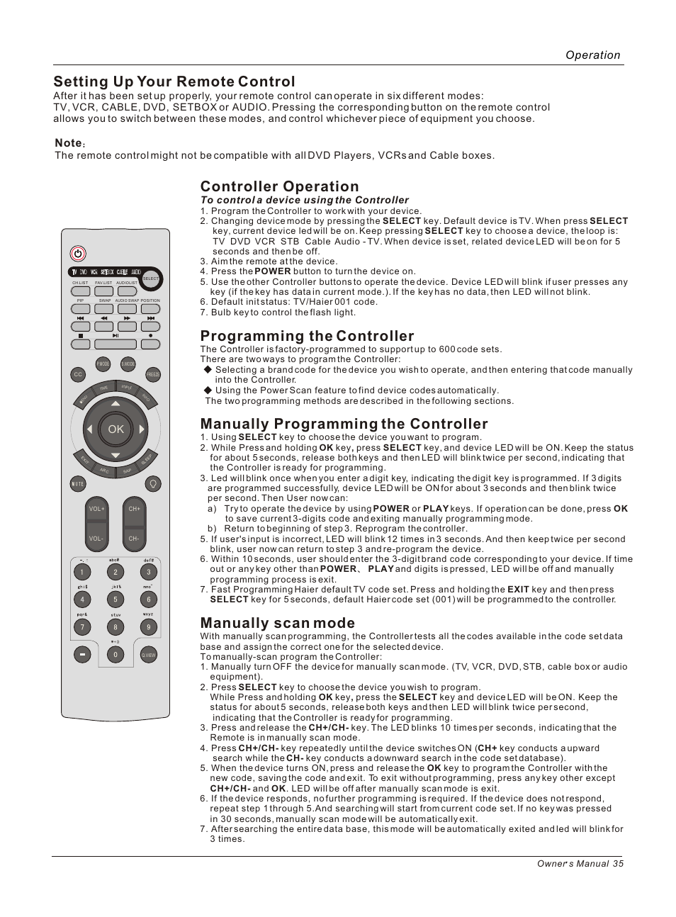 Т³гж 35, Controller operation, Programming the controller | Manually programming the controller, Manually scan mode, Setting up your remote control, Operation | haier HL37B User Manual | Page 35 / 45