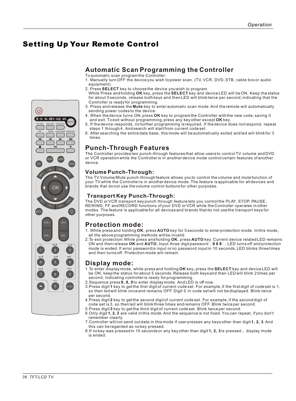 Т³гж 36, Setting up your remote control, Automatic scan programming the controller | Punch-through features, Protection mode, Display mode, Volume punch-through, Transport key punch-through, Operation | haier HL37B User Manual | Page 36 / 45