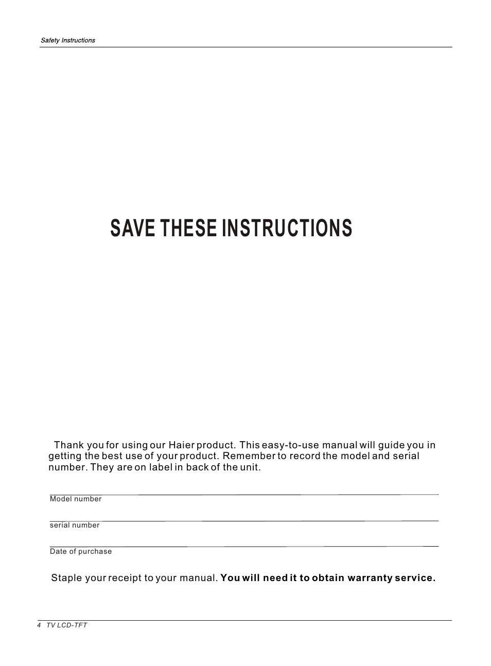 Т³гж 4, Save these instructions | haier HL37B User Manual | Page 4 / 45