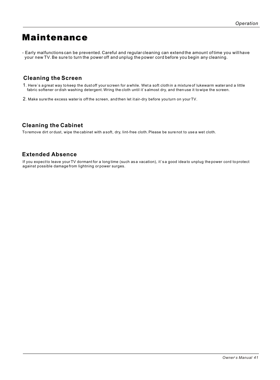 Т³гж 41, Maintenance, Cleaning the screen | Cleaning the cabinet extended absence | haier HL37B User Manual | Page 41 / 45