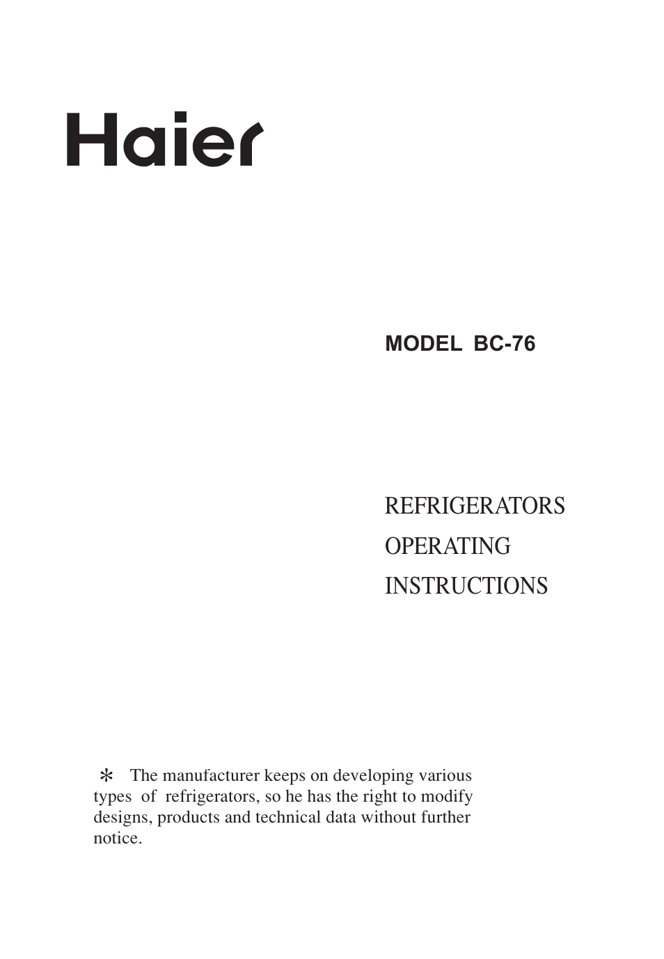 haier BC-76 User Manual | 10 pages