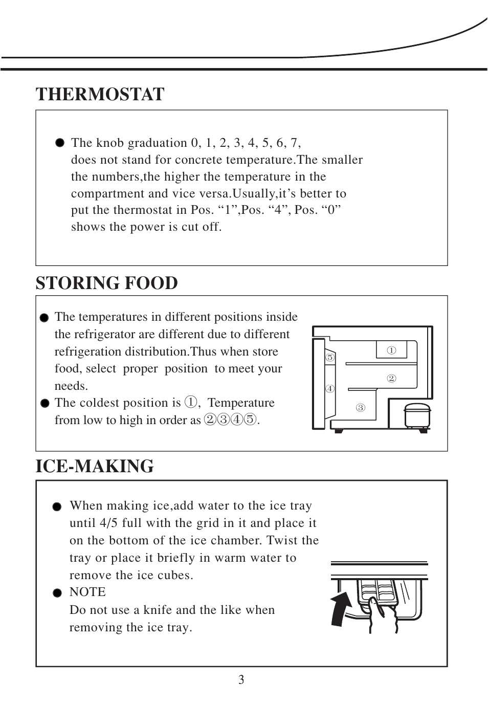 Thermostat, Storing food, Ice-making | haier BC-76 User Manual | Page 5 / 10