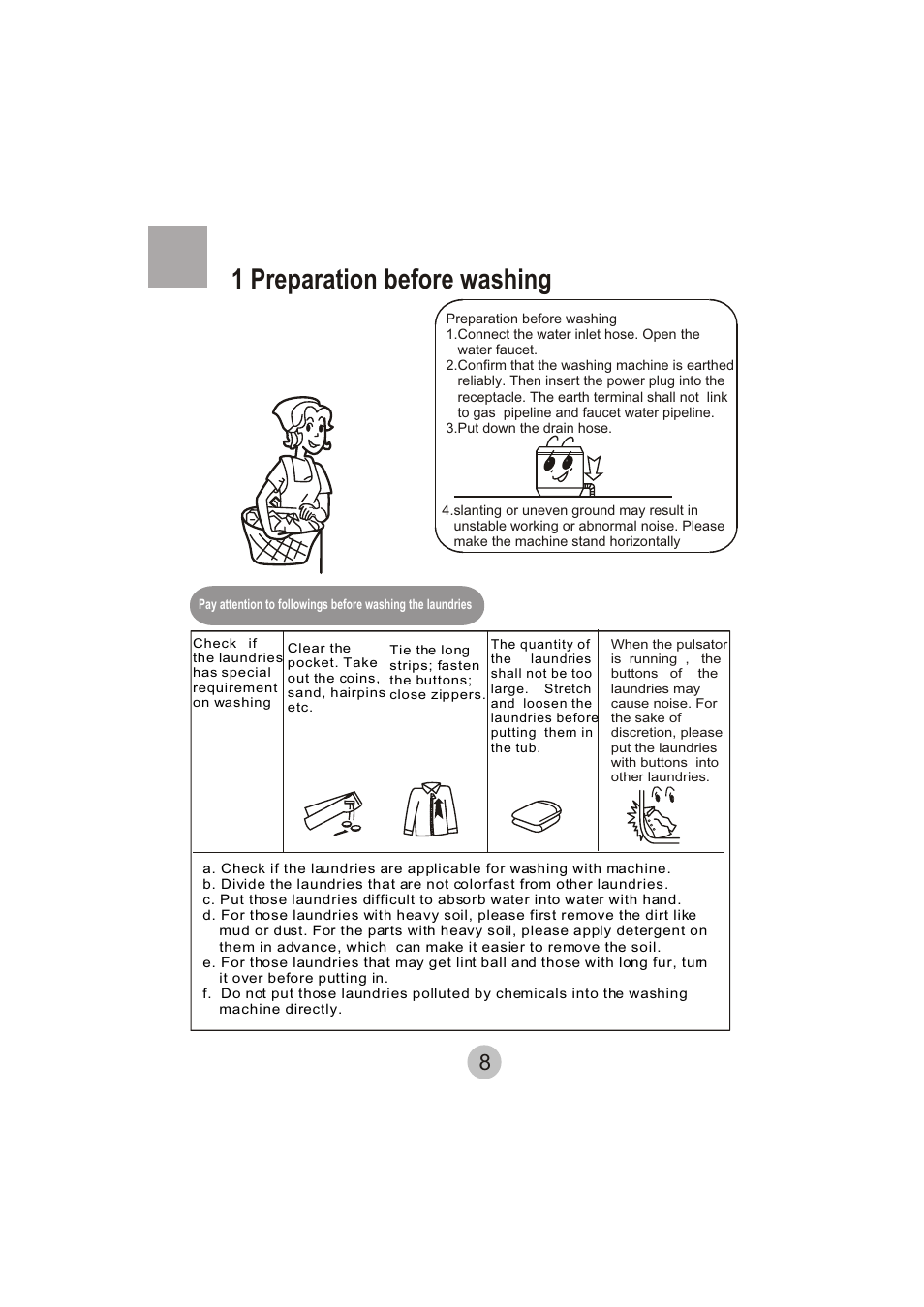 1 preparation before washing | haier HWM62-0566 User Manual | Page 10 / 18