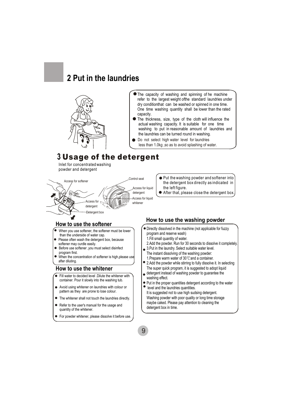 2 put in the laundries, Usage of the detergent, How to use the washing powder | How to use the whitener, How to use the softener | haier HWM62-0566 User Manual | Page 11 / 18