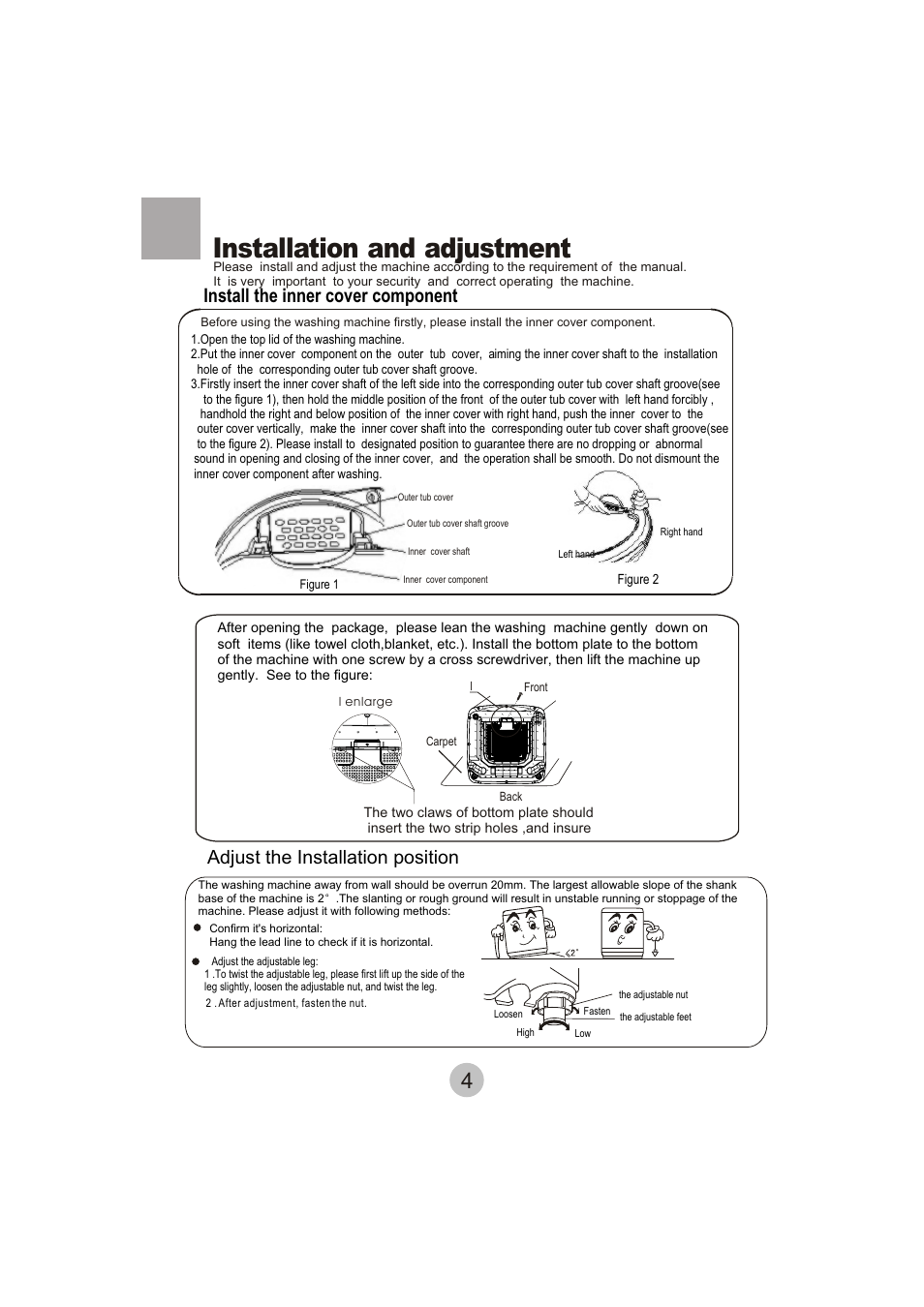 Installation and adjustment, Install the inner cover component, Adjust the installation position | haier HWM62-0566 User Manual | Page 6 / 18