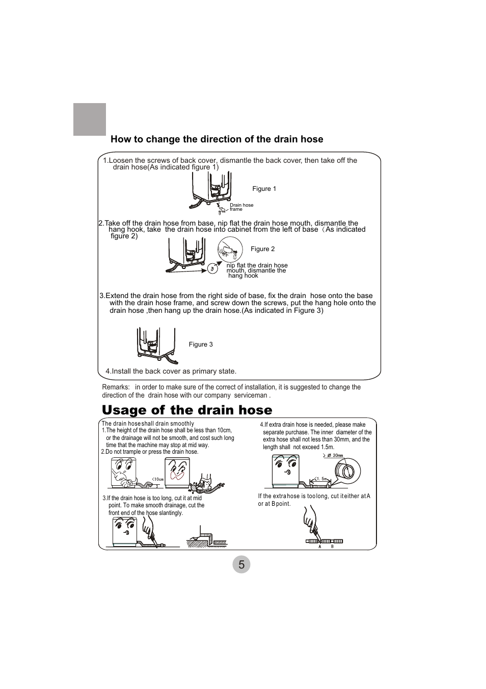 Usage of the drain hose, How to change the direction of the drain hose | haier HWM62-0566 User Manual | Page 7 / 18