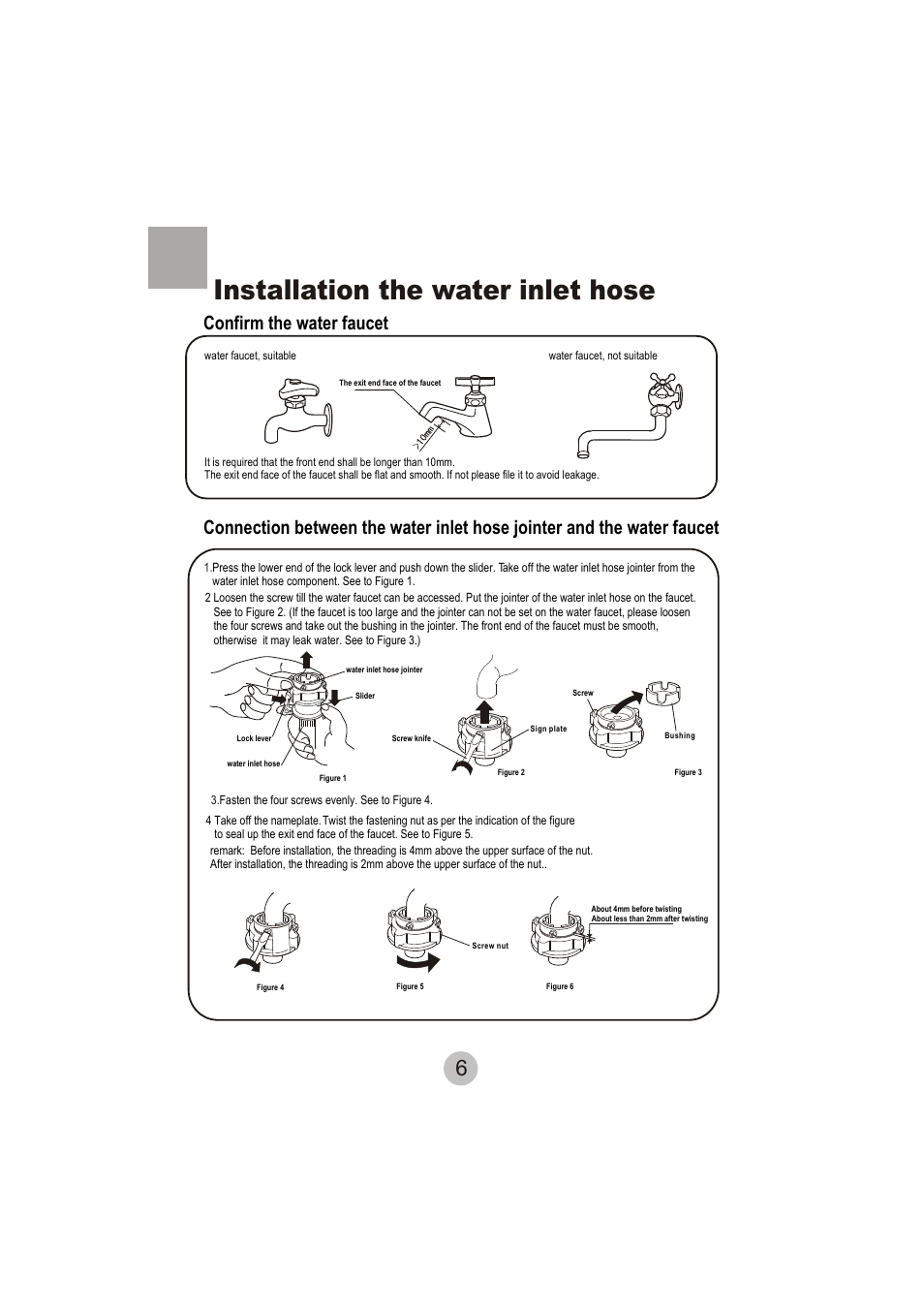 Installation the water inlet hose | haier HWM62-0566 User Manual | Page 8 / 18