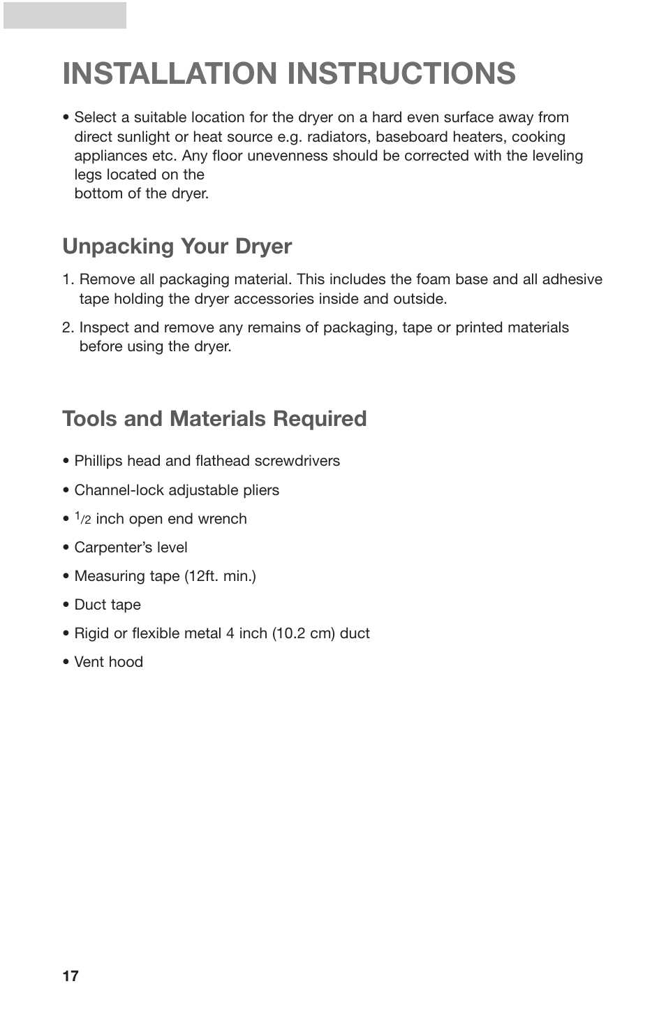 Installation instructions, Tools and materials required, Unpacking your dryer | haier GDZ5-1C User Manual | Page 18 / 24