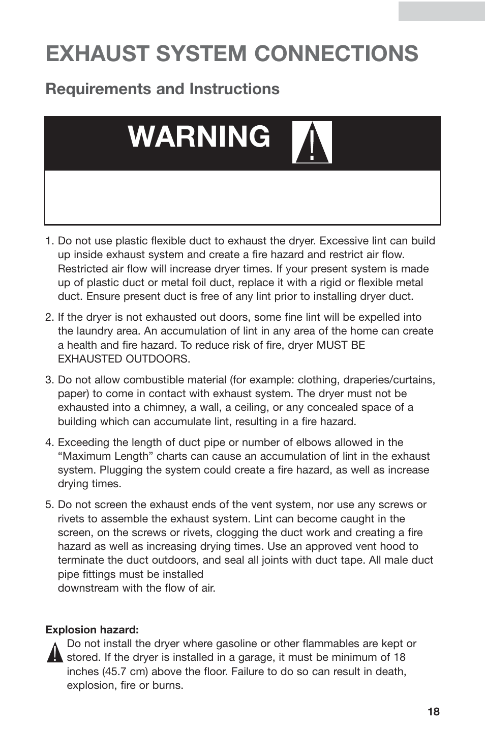 Warning, Exhaust system connections, Requirements and instructions | haier GDZ5-1C User Manual | Page 19 / 24