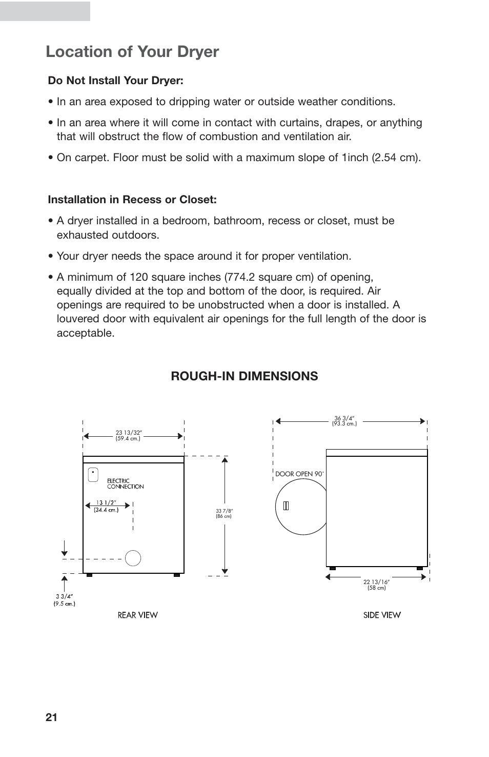 Location of your dryer, English, Rough-in dimensions | haier GDZ5-1C User Manual | Page 22 / 24