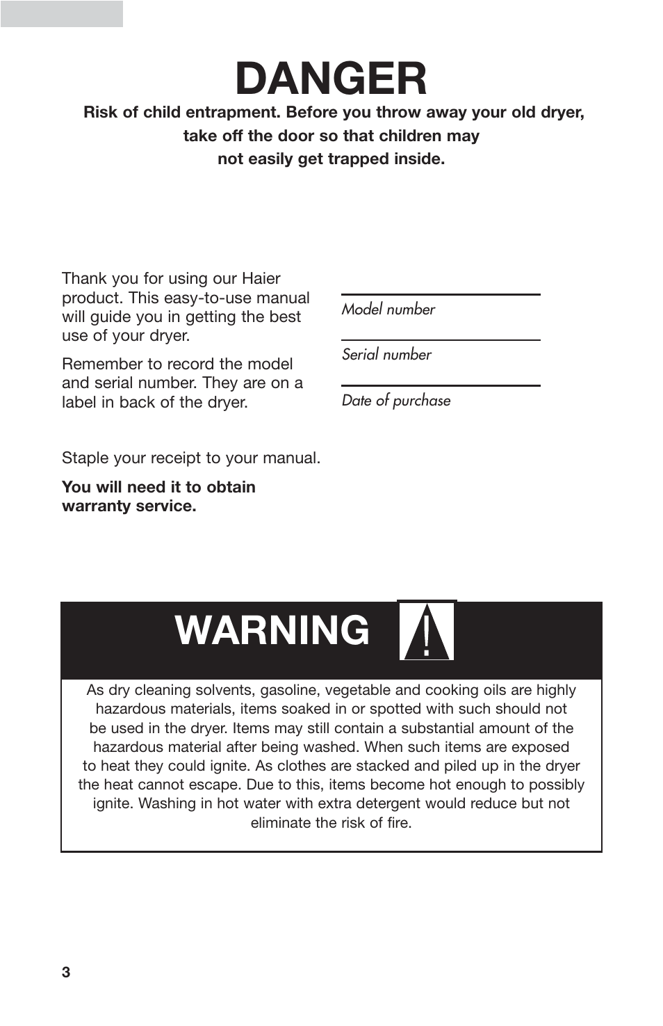 Danger, Warning | haier GDZ5-1C User Manual | Page 4 / 24