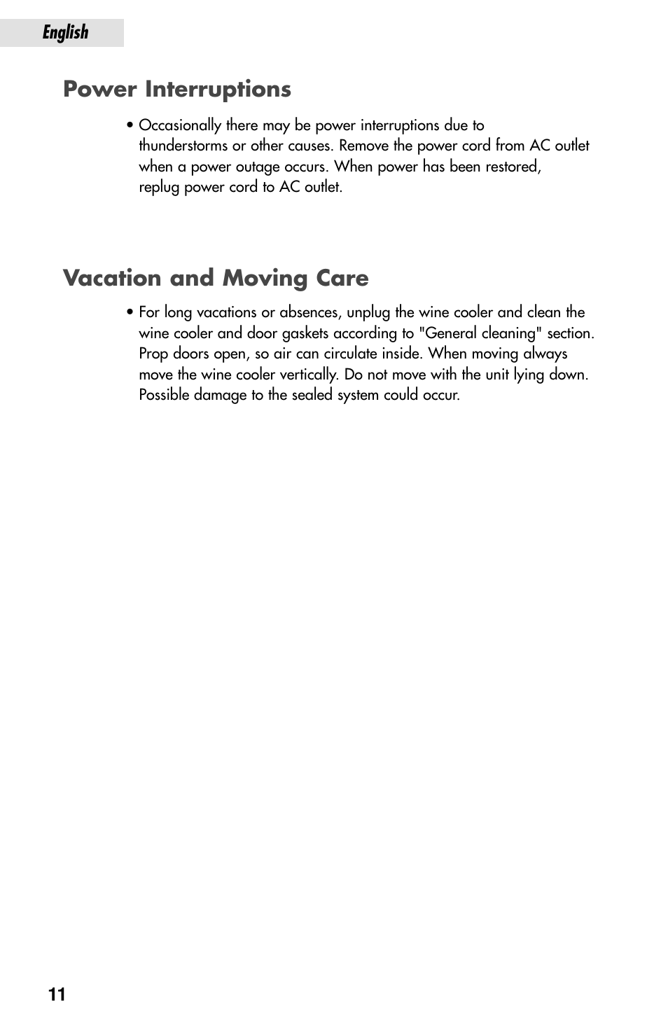 Power interruptions vacation and moving care | haier JC-82GB User Manual | Page 12 / 87