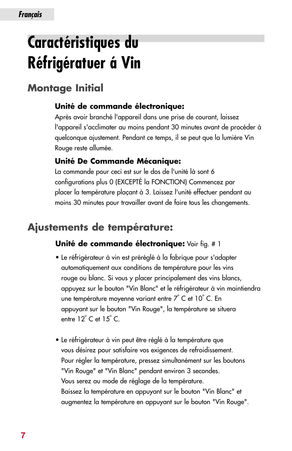 Caractéristiques du réfrigératuer á vin, Ajustements de température, Montage initial | Français 7 | haier JC-82GB User Manual | Page 20 / 87