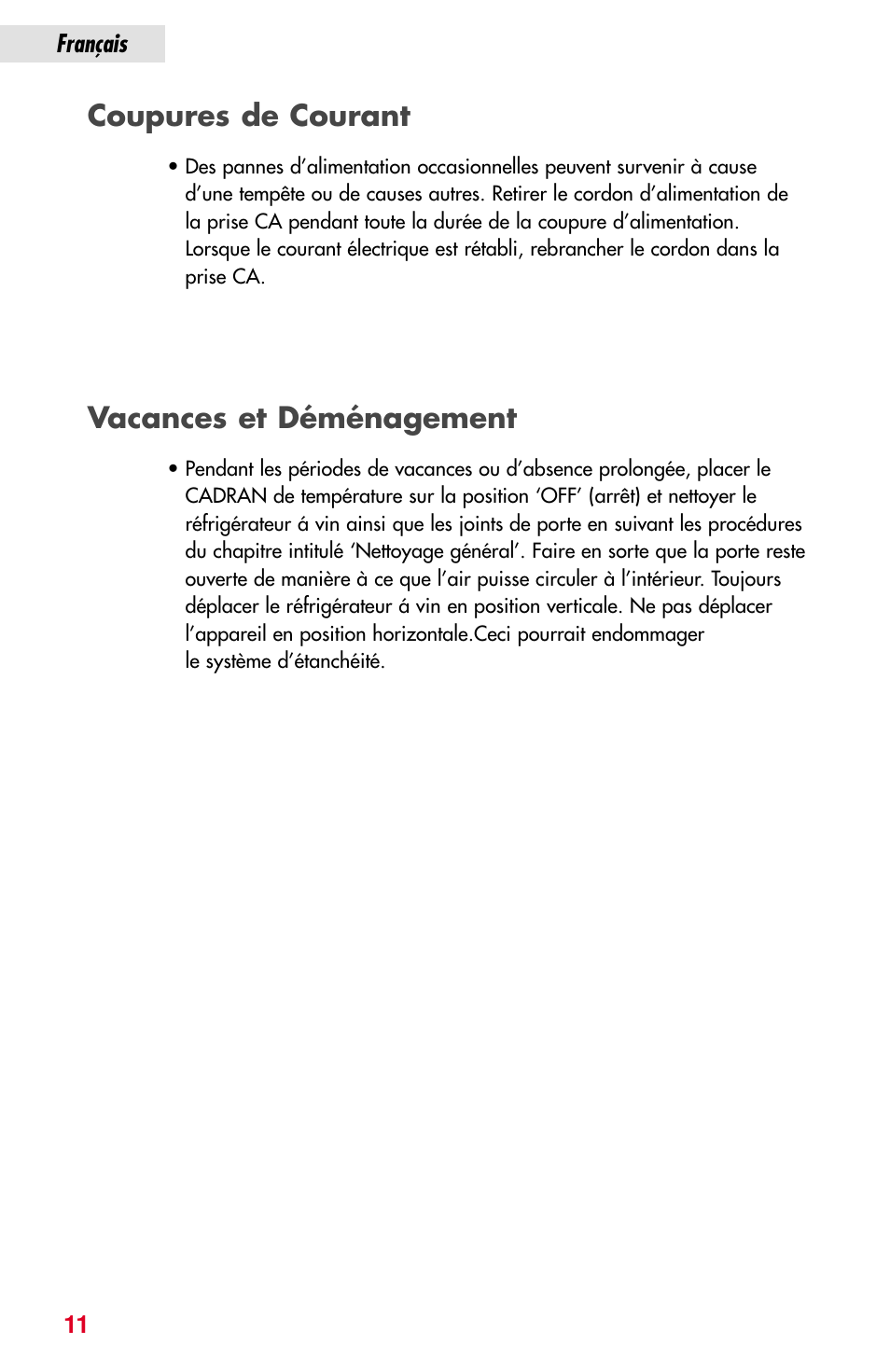 Coupures de courant vacances et déménagement | haier JC-82GB User Manual | Page 24 / 87