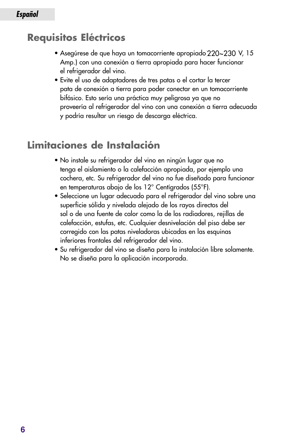 Requisitos eléctricos limitaciones de instalación | haier JC-82GB User Manual | Page 32 / 87