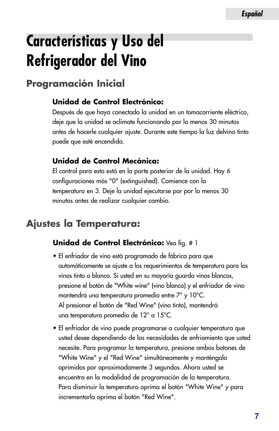 Características y uso del refrigerador del vino, Ajustes la temperatura, Programación inicial | haier JC-82GB User Manual | Page 33 / 87
