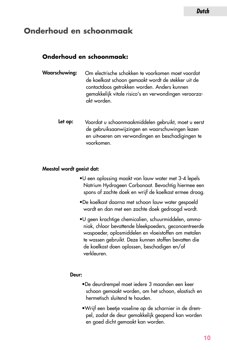 Onderhoud en schoonmaak, Dutch 10 | haier JC-82GB User Manual | Page 49 / 87