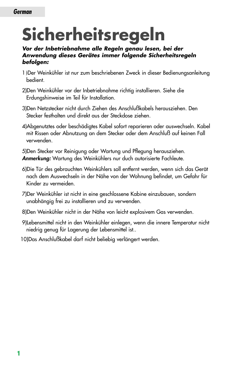 Sicherheitsregeln, German 1, German | haier JC-82GB User Manual | Page 52 / 87