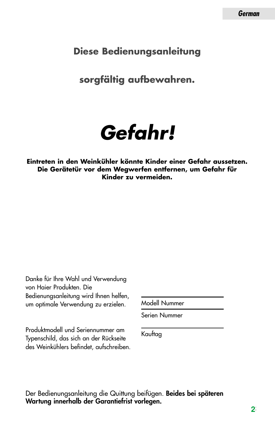 Gefahr, Diese bedienungsanleitung sorgfältig aufbewahren | haier JC-82GB User Manual | Page 53 / 87