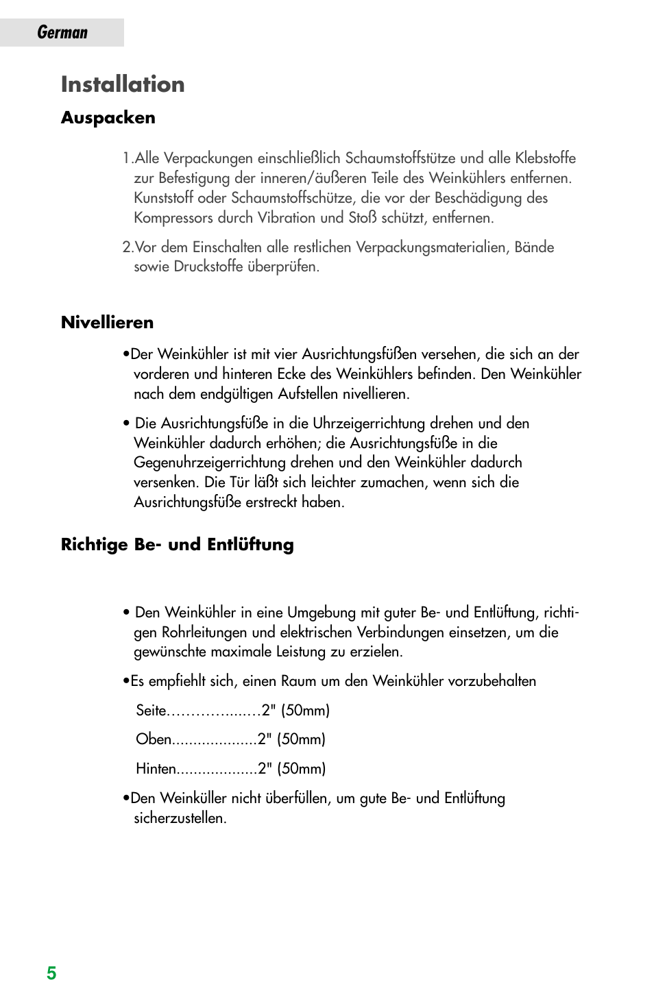 Installation, German 5 | haier JC-82GB User Manual | Page 56 / 87
