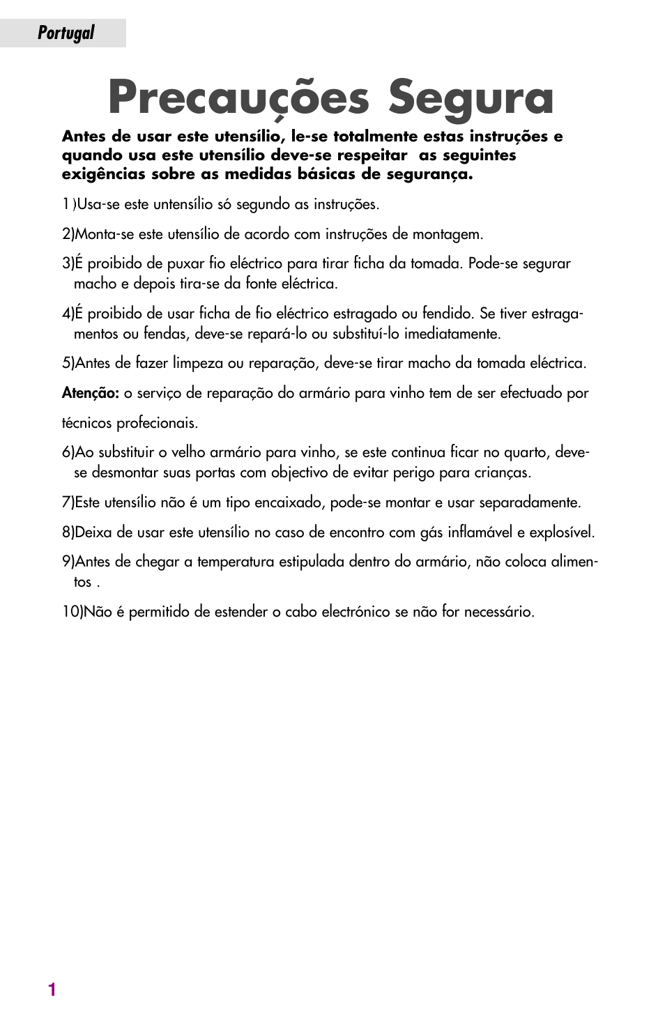 Precauções segura, Portugal 1, Portugal | haier JC-82GB User Manual | Page 76 / 87