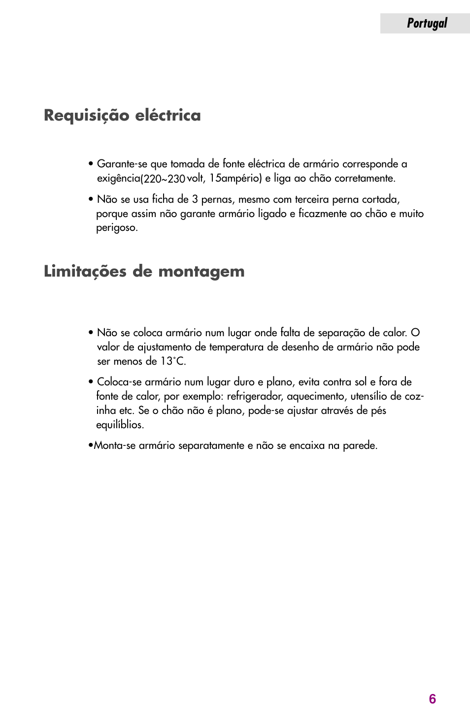 Requisição eléctrica, Limitações de montagem | haier JC-82GB User Manual | Page 81 / 87