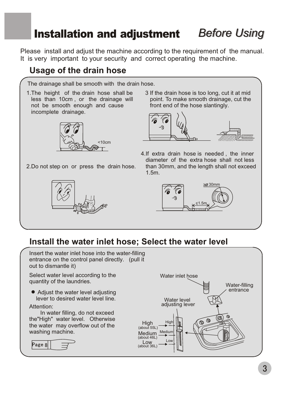 Before using, Before using installation and adjustment, Usage of the drain hose | haier XPB65-27QGS User Manual | Page 5 / 18